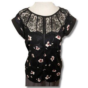 RW&CO Black cherry blossom print top w/ floral lace neckline ~ XS SMALL shirt